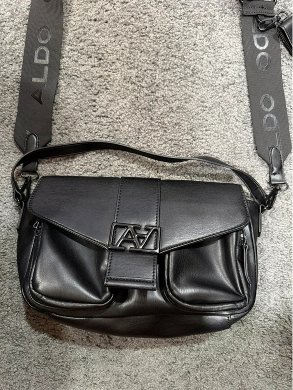 Aldo Black Multi Pocket Crossbody Bag Logo Strap